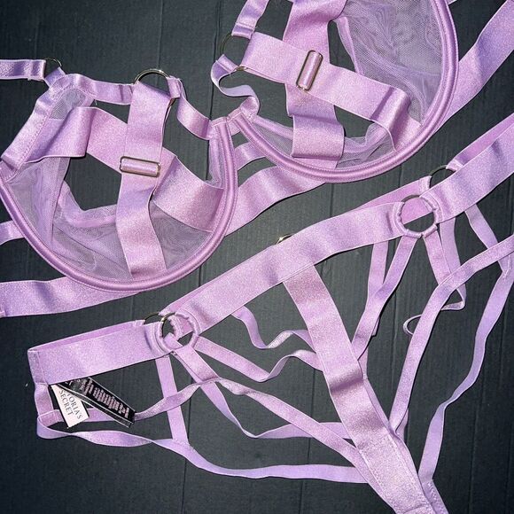 Victoria's Secret unlined 36DD BRA SET XL PANTY strappy banded mesh LILAC PURPLE - Picture 3 of 8